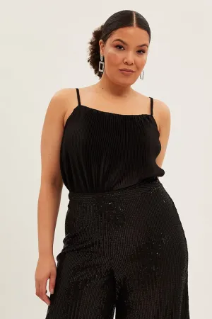 Black Plisse Top Sleeveless LayeredPanels Stylish Fashion