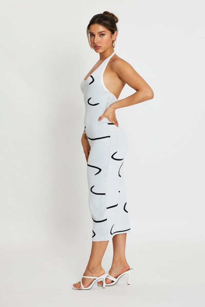 Reflective Safety Accents White Bodycon Dress Midi Halter Neck