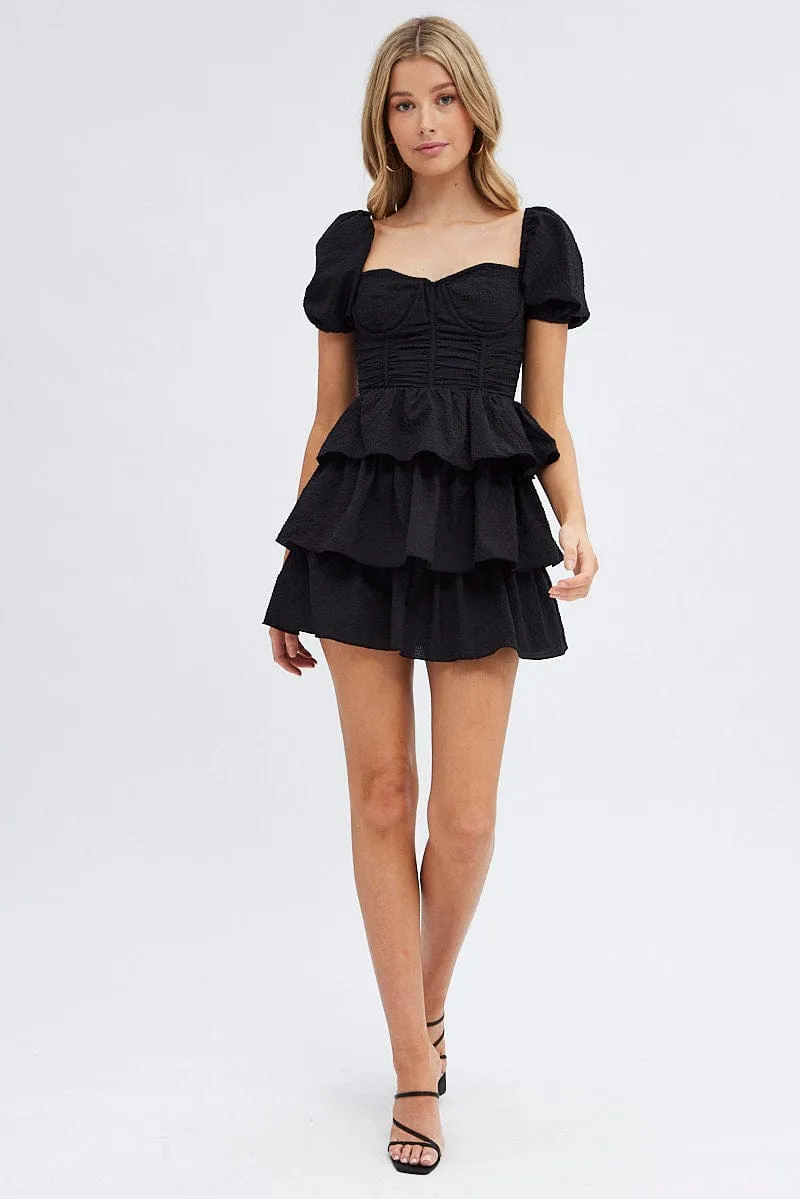 Black Corset Dress Puff Sleeve Tiered Bustier Dress Travel Vibe