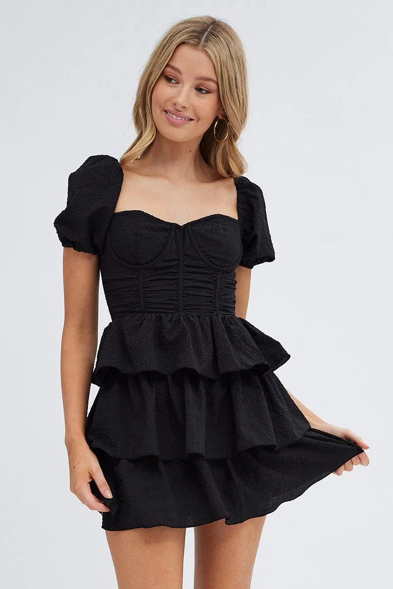 Black Corset Dress Puff Sleeve Tiered Bustier Dress Fast Fit