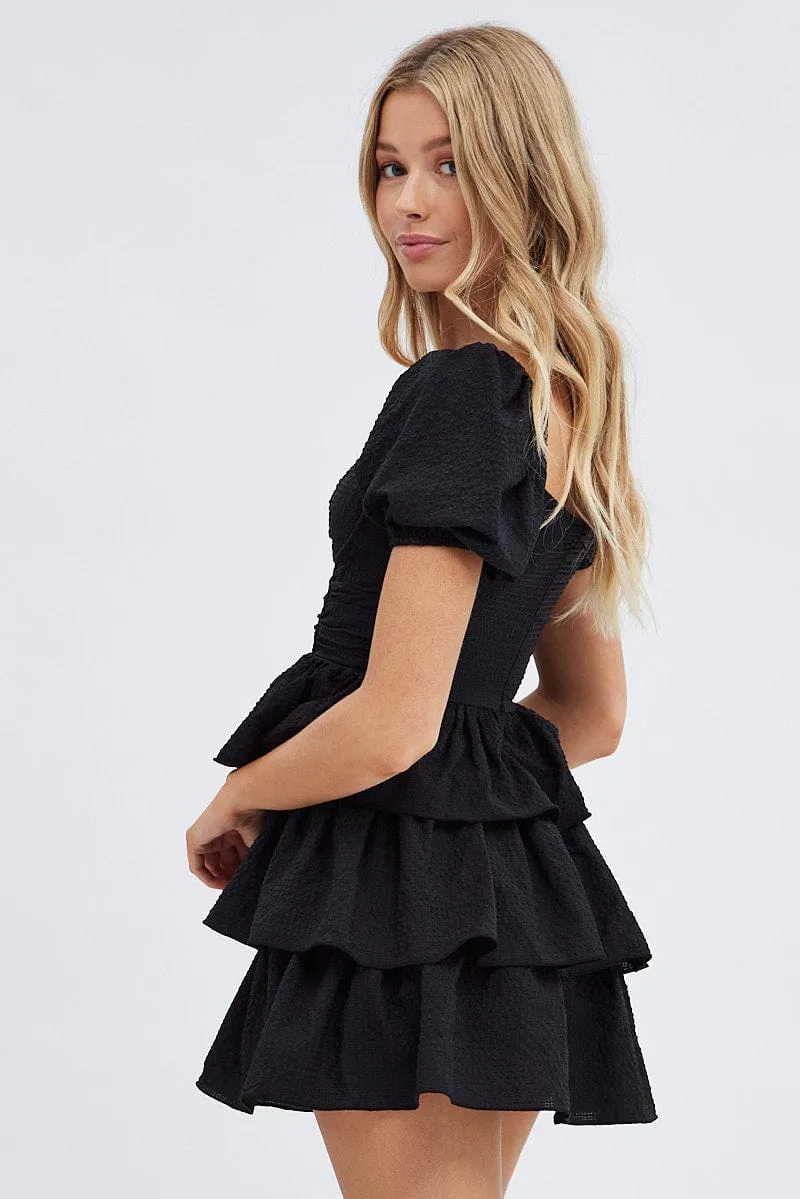 Black Corset Dress Puff Sleeve Tiered Bustier Dress Casual Shoes