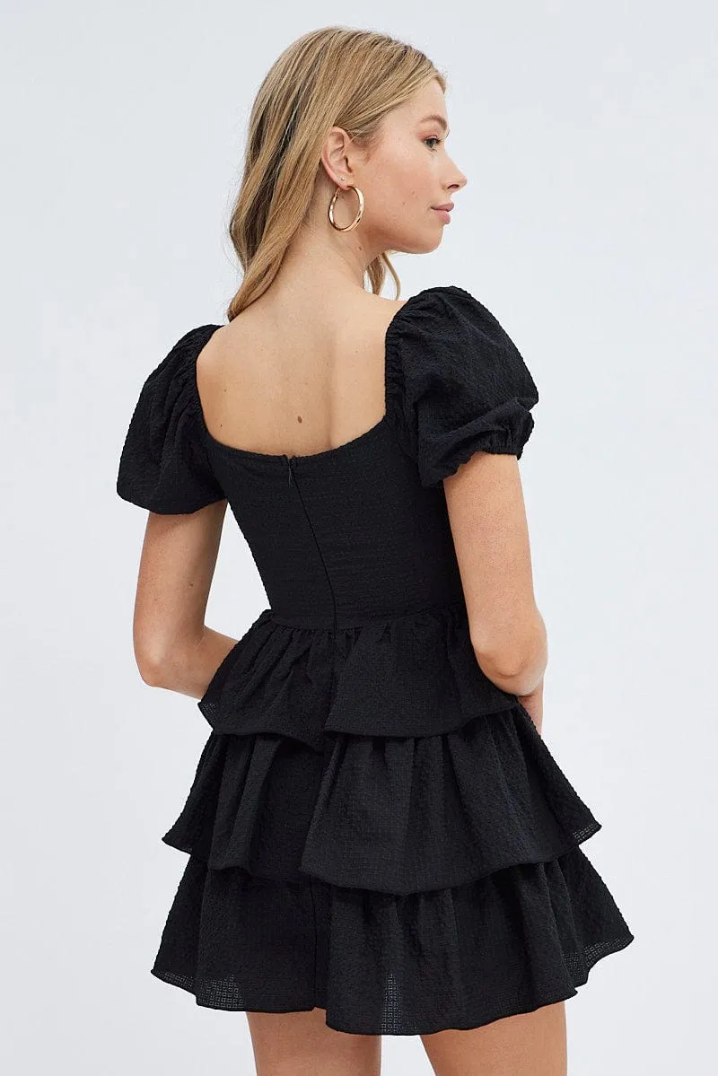 MeshVentilation Black Corset Dress Puff Sleeve Tiered Bustier Dress