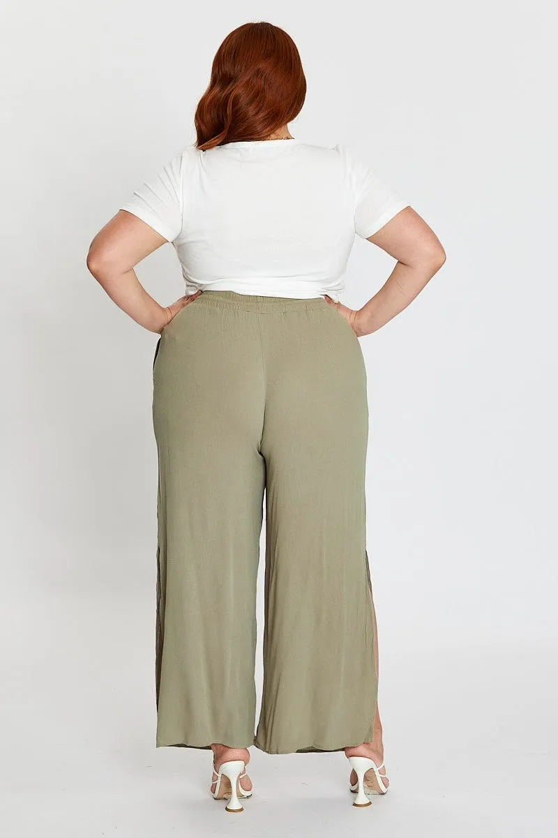 Core Movement Belt loops Green Elastic Waist Brown Crinkle Wide Leg Pants