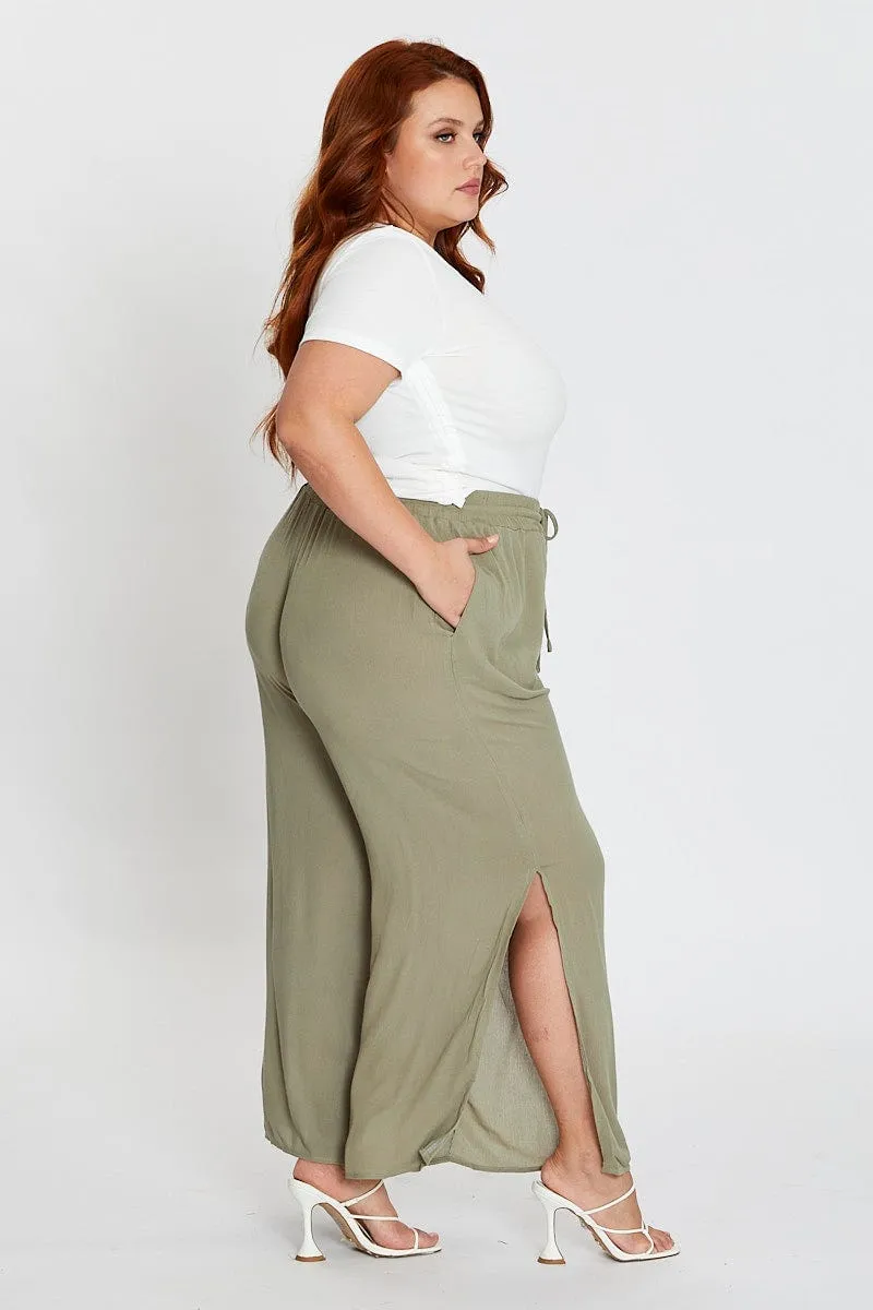 Green Elastic Waist Brown Crinkle Wide Leg Pants Comfort-First HighRiseWaistband