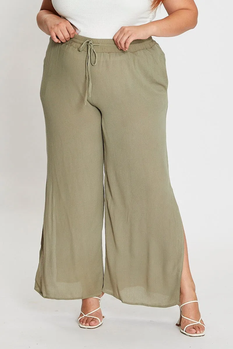 Green Elastic Waist Brown Crinkle Wide Leg Pants Functional Style