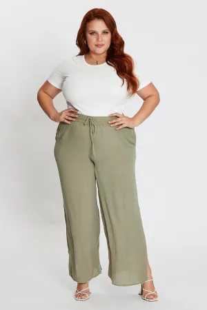 WrinkleFreeFinish MoistureControlLiner Green Elastic Waist Brown Crinkle Wide Leg Pants
