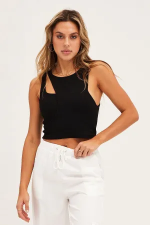 Black Rib Sleeveless Asymmetric Cut Out Tank Top Easy Layer