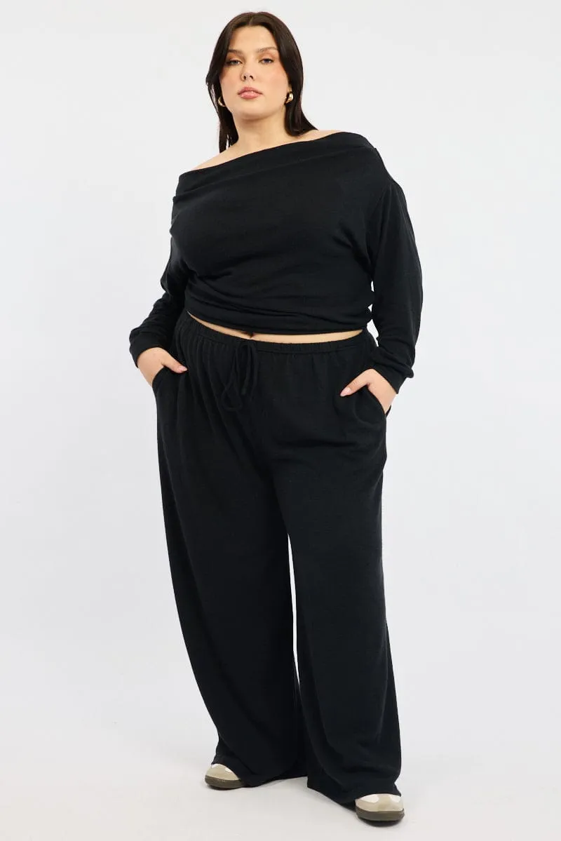 CompressionFitFabric Comfort and style Black Tie Waist Brushed Jersey Wide Leg Lounge Pants