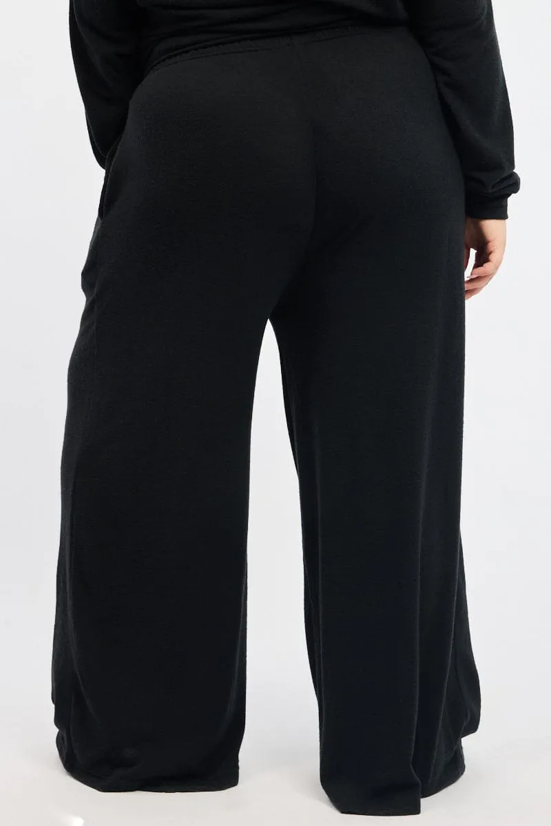 Snag Resistant Fabric Lightweight Wear Black Tie Waist Brushed Jersey Wide Leg Lounge Pants