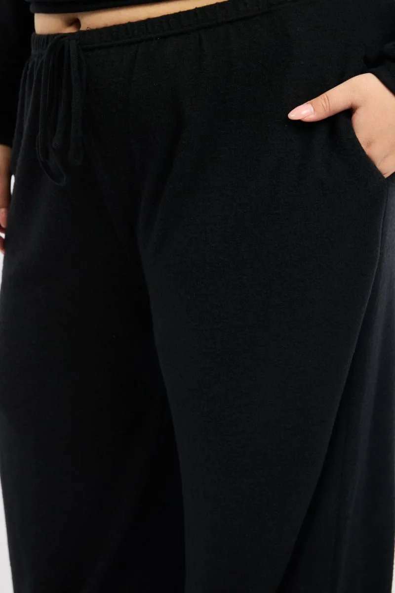 Work Flex Sleek Appearance Black Tie Waist Brushed Jersey Wide Leg Lounge Pants