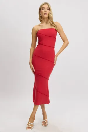 Red Bodycon Dress Midi Strapless Street Wear Bold Step