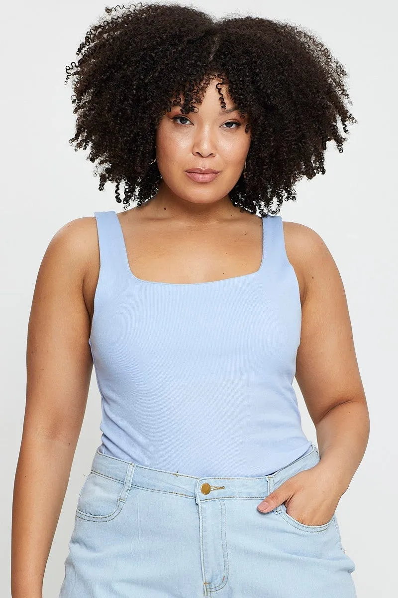 Blue Tank Top Square Neck Sleeveless Cotton Breathable knit