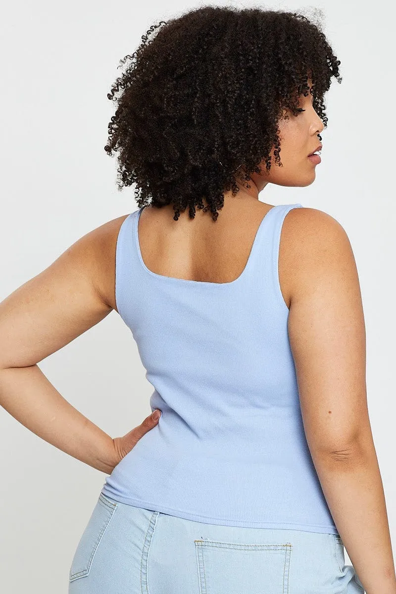 Energy Flow Blue Tank Top Square Neck Sleeveless Cotton