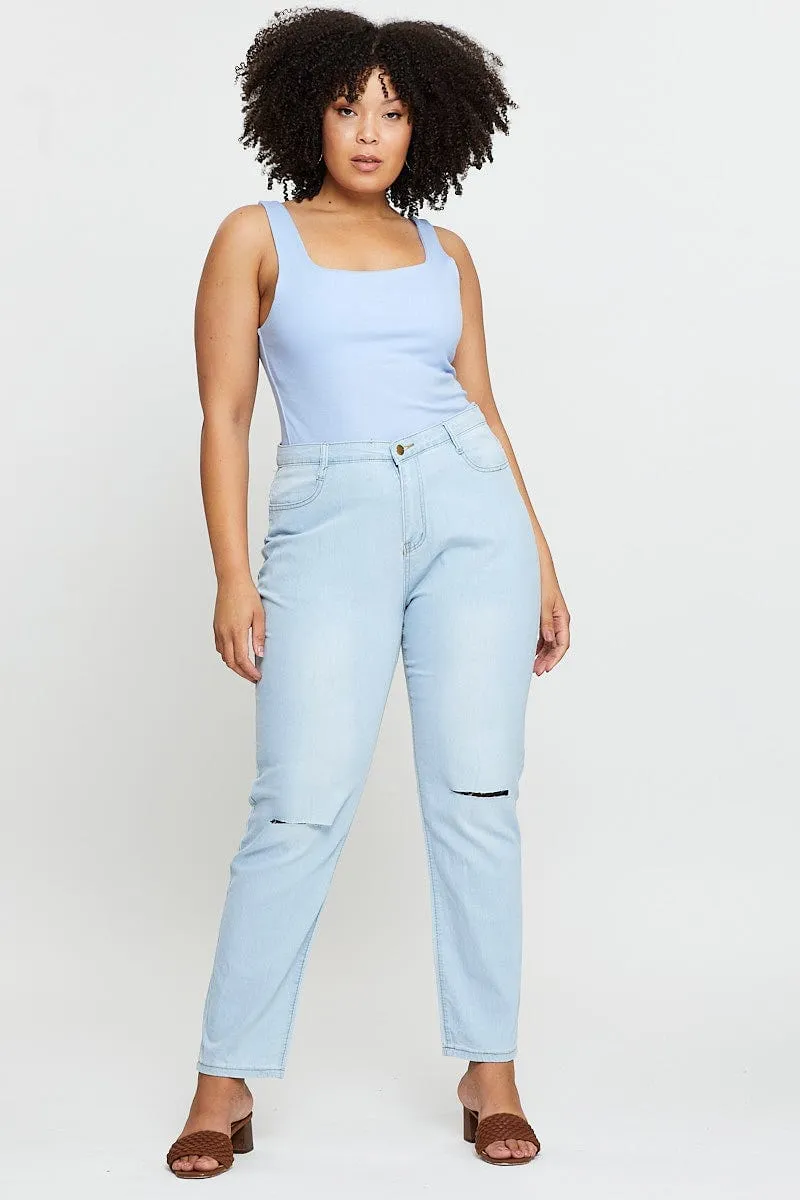 Practical Style Blue Tank Top Square Neck Sleeveless Cotton