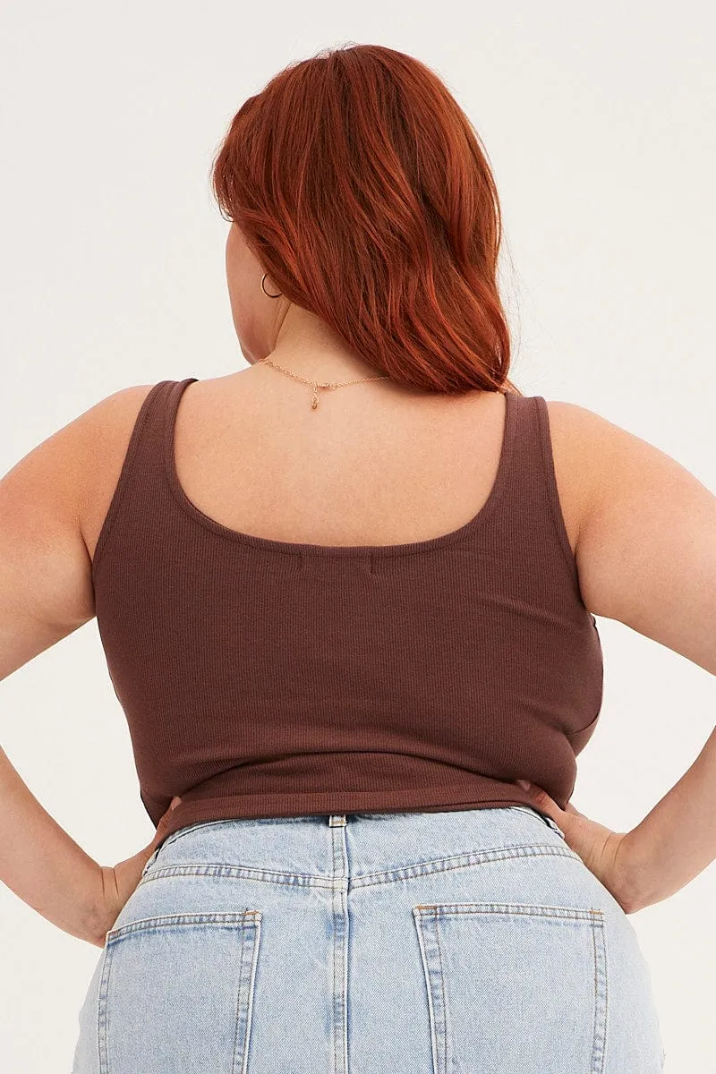 FourWayStretch Adjustable drawstring Brown Tank Top Sleeveless Round Neck