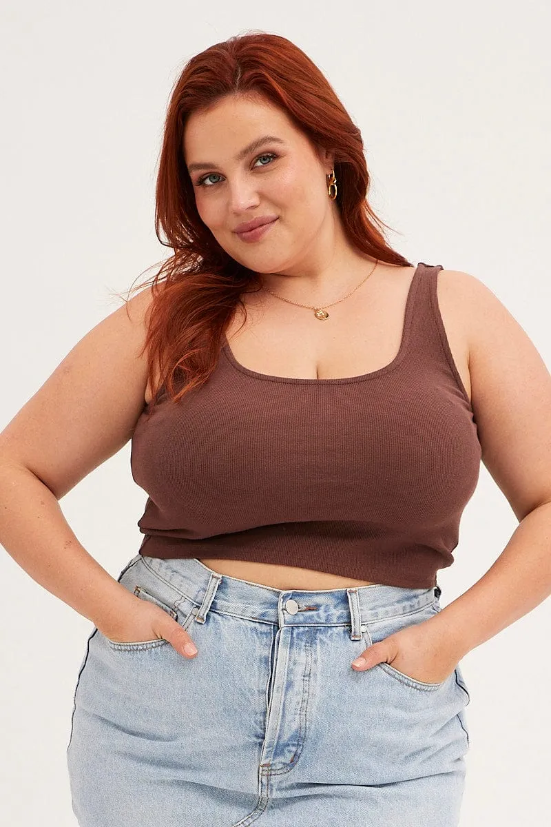 Brown Tank Top Sleeveless Round Neck FlexibleJointConstruction LayeredConstruction