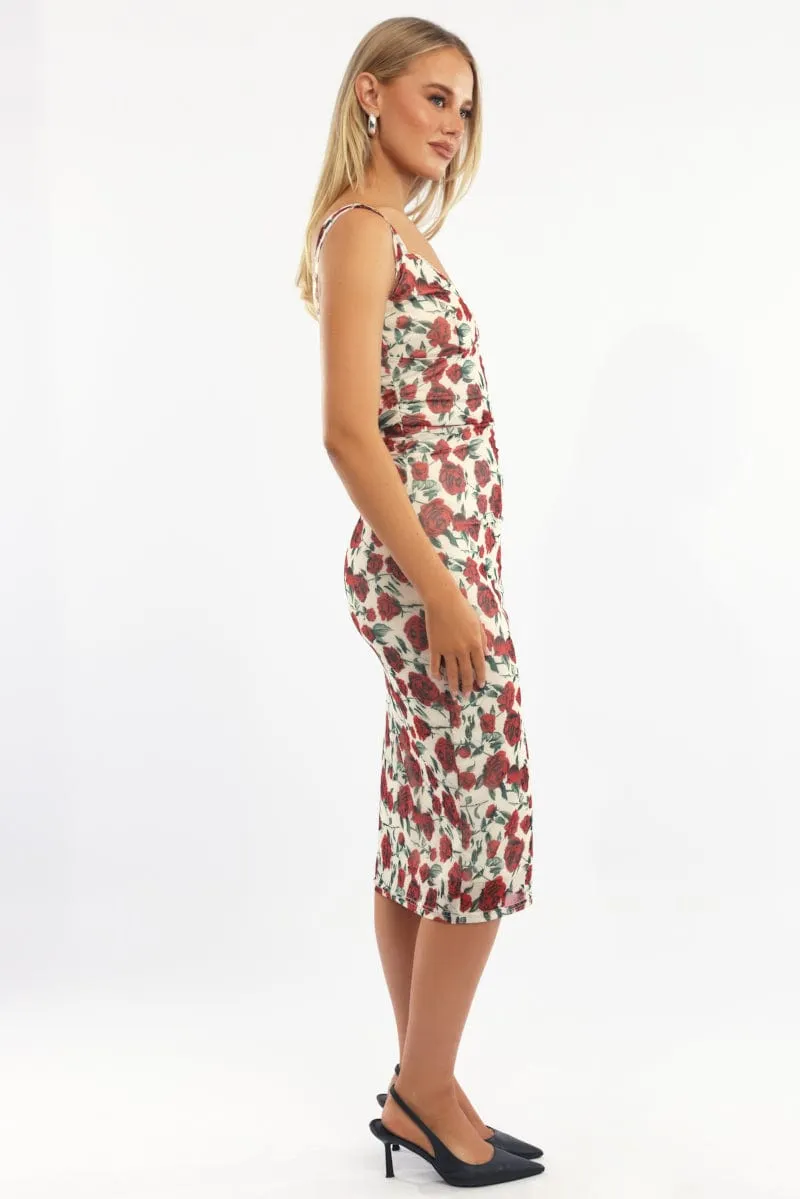 Beige Floral Bodycon Dress Mesh Linen Soul