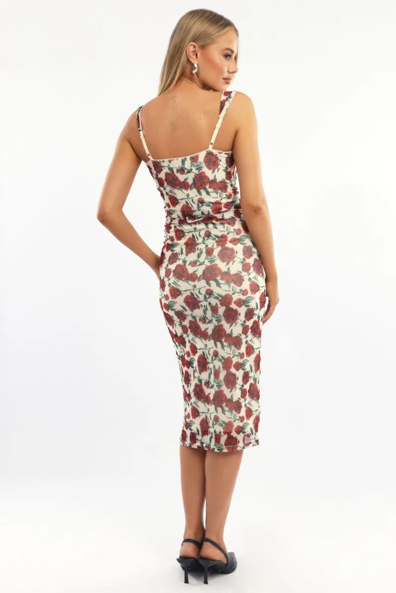 Easy Care Beige Floral Bodycon Dress Mesh
