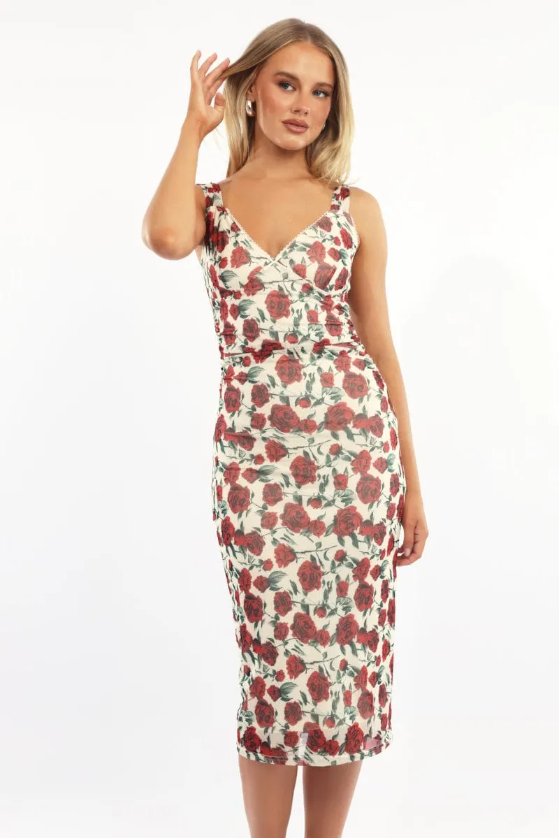 SeamlessFit Cultural Fit Beige Floral Bodycon Dress Mesh