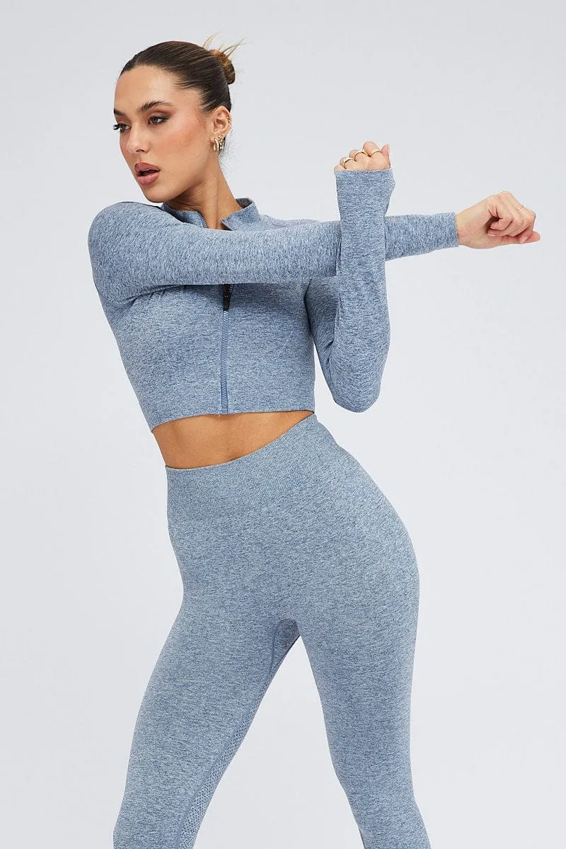 Club Mode Blue Seamless Zip Up Top and Leggings Activewear Set