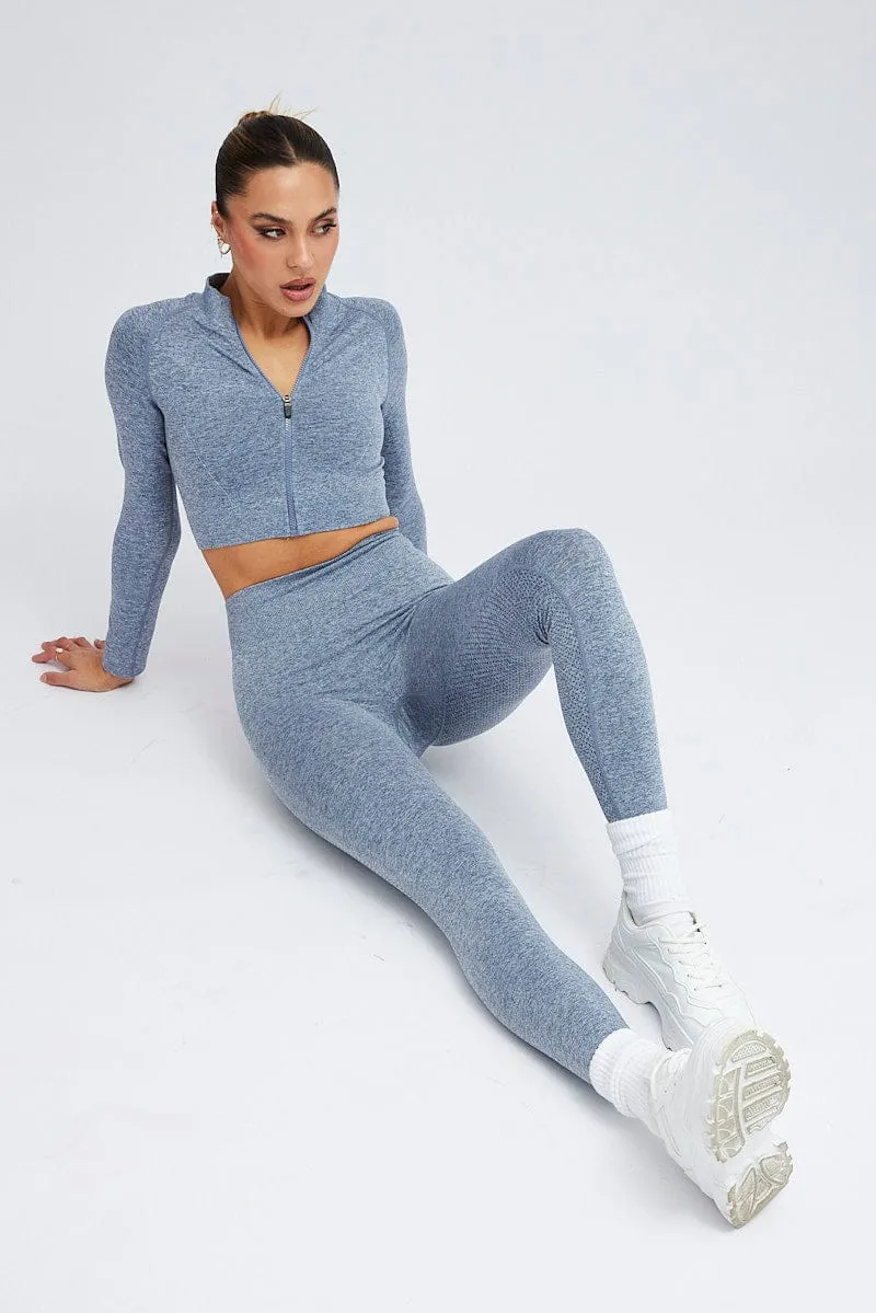 Comfortable Lounge Blue Seamless Zip Up Top and Leggings Activewear Set