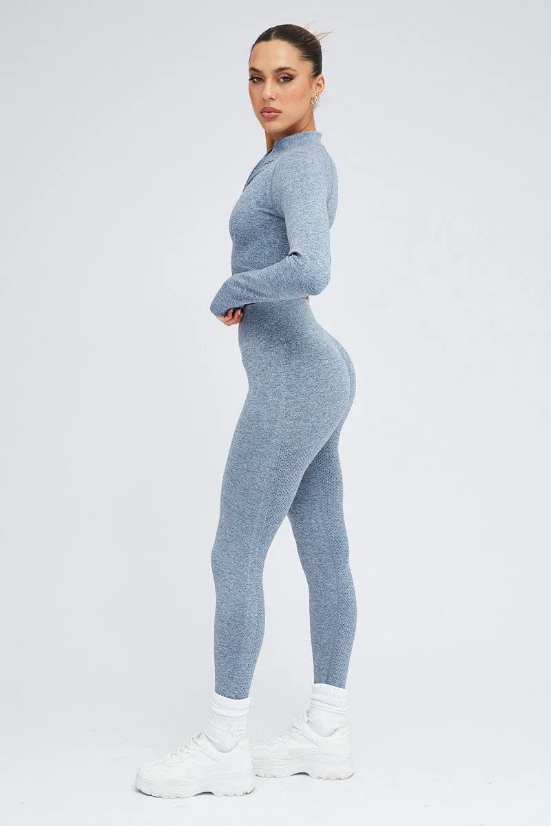 SnagFree Surface Bold Step Blue Seamless Zip Up Top and Leggings Activewear Set