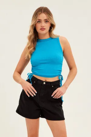Blue Ruched Tank Top Crew Neck Seamless Romance Fit
