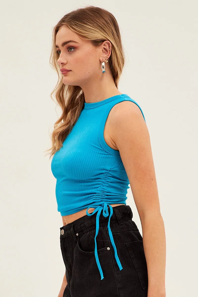Blue Ruched Tank Top Crew Neck Seamless Light Flow Sporty Shorts