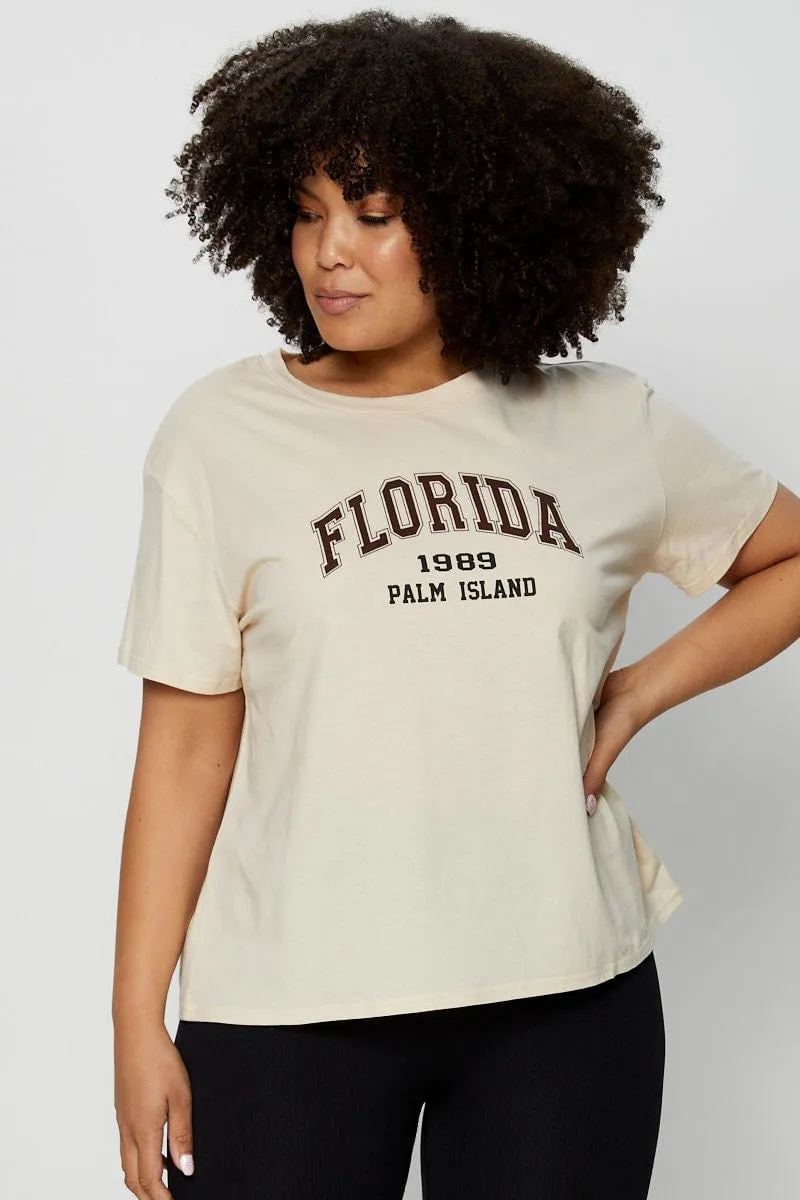Beige Placement Cotton T-shirt Florida Embroidered Short Sleeve ZeroDistressFinish