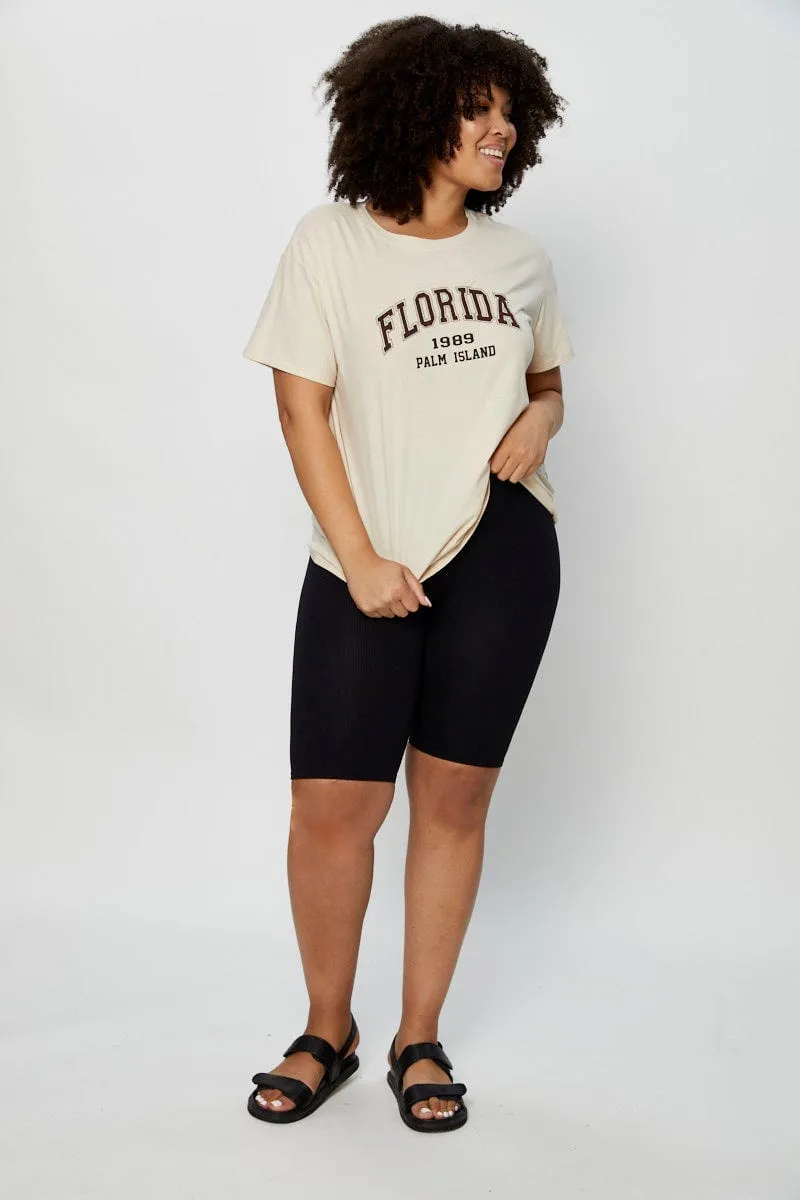 Beige Placement Cotton T-shirt Florida Embroidered Short Sleeve Party fun Multi Panel Structure