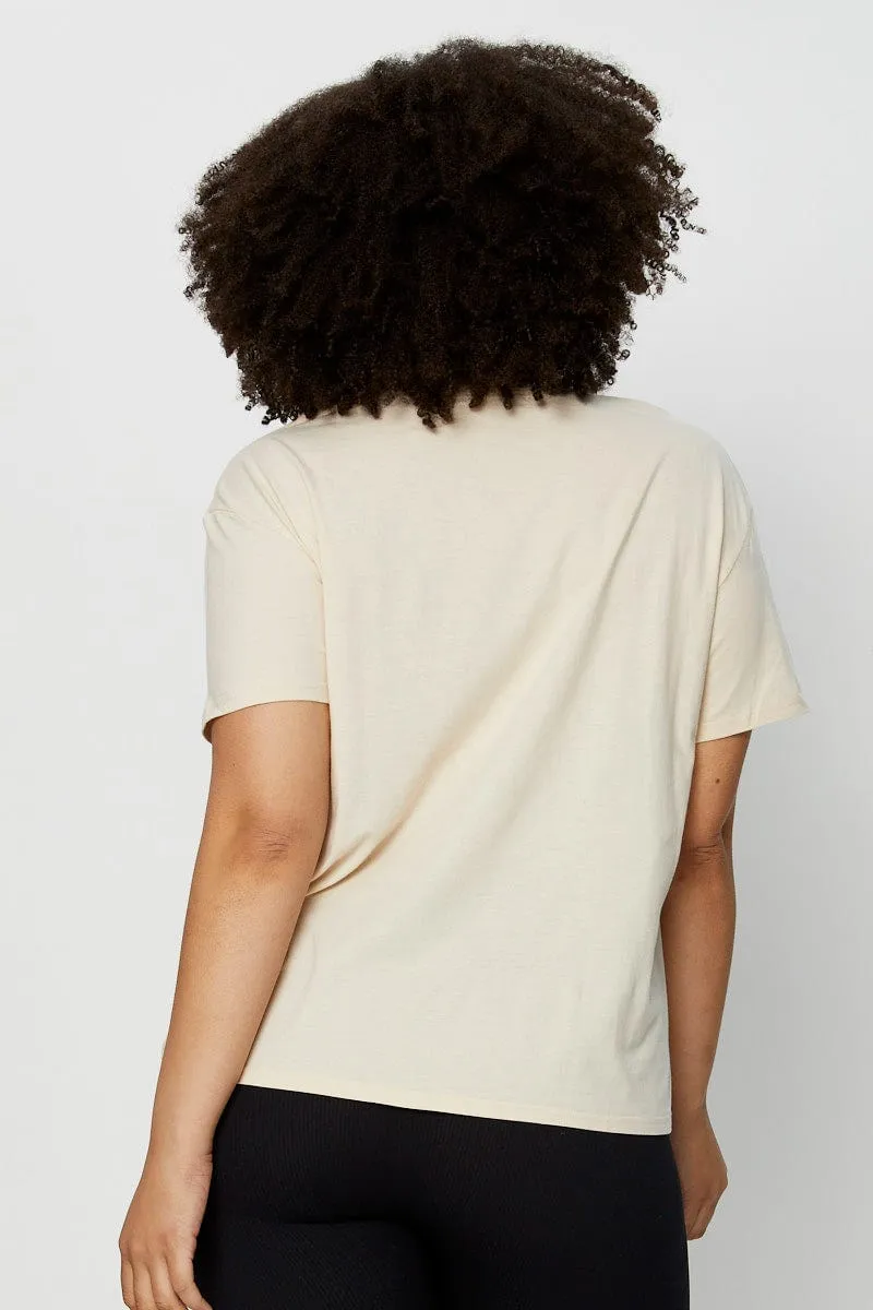 Casual Chic Look Beige Placement Cotton T-shirt Florida Embroidered Short Sleeve