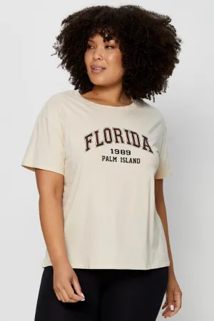 Beige Placement Cotton T-shirt Florida Embroidered Short Sleeve Fun and Comfortable