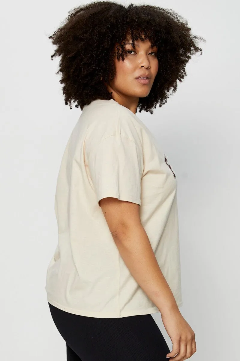 Relaxed Design Beige Placement Cotton T-shirt Florida Embroidered Short Sleeve