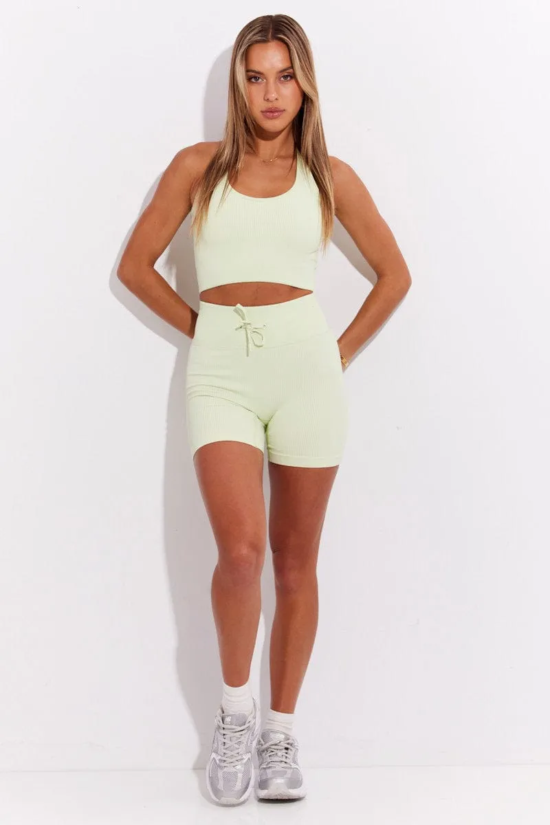 Antibacterial lining Green Seamless Halter Top And Bike Shorts Activewear Set