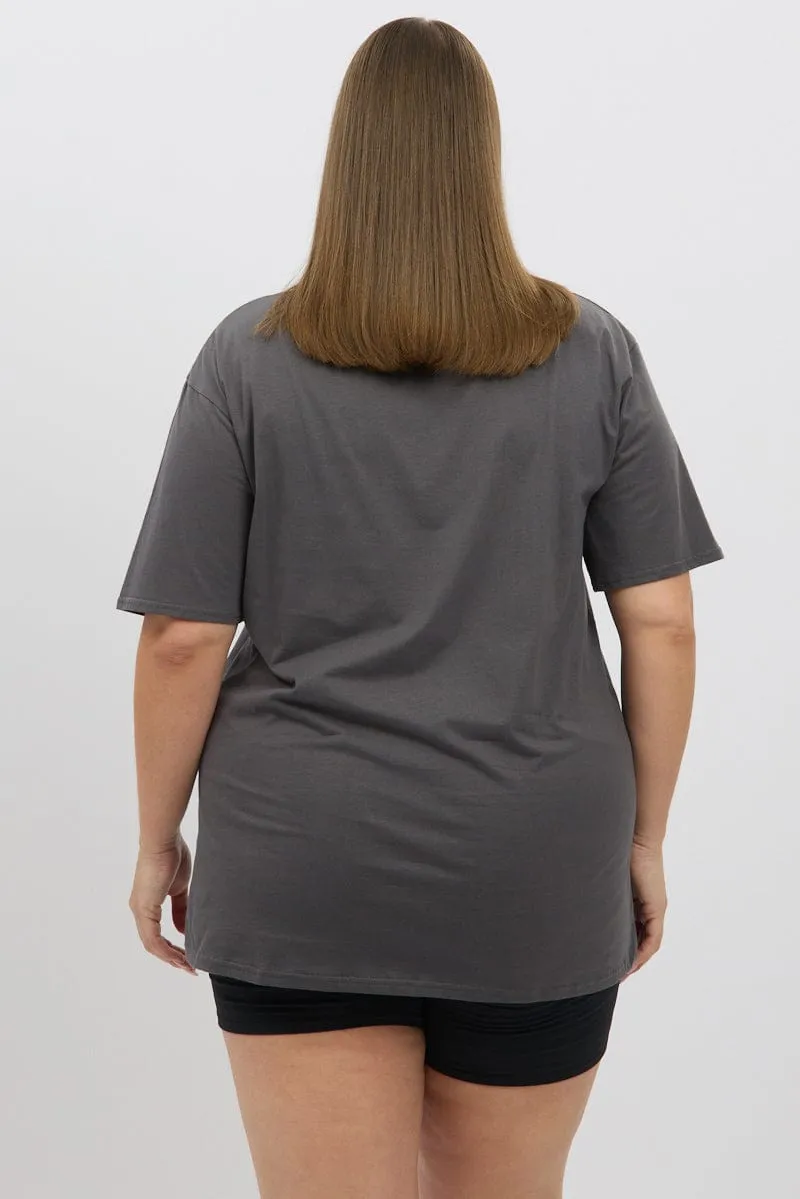 Grey Graphic T shirt Short Sleeve Crew Neck Beaded details Casual Layering