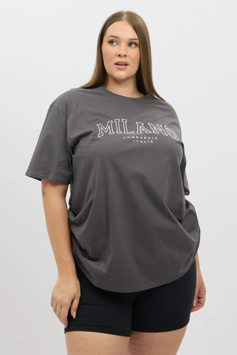 Grey Graphic T shirt Short Sleeve Crew Neck shopping