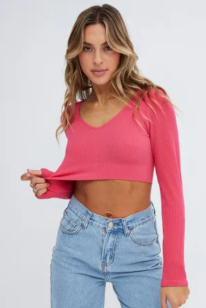 Pink Top Long sleeve V neck Seamless LowProfile Design