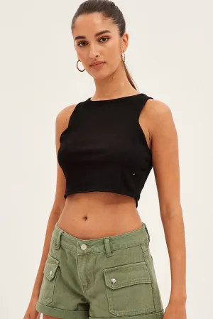 Black Crop Tank Top Cotton AntiSnagTechnology MoistureManagementSystem