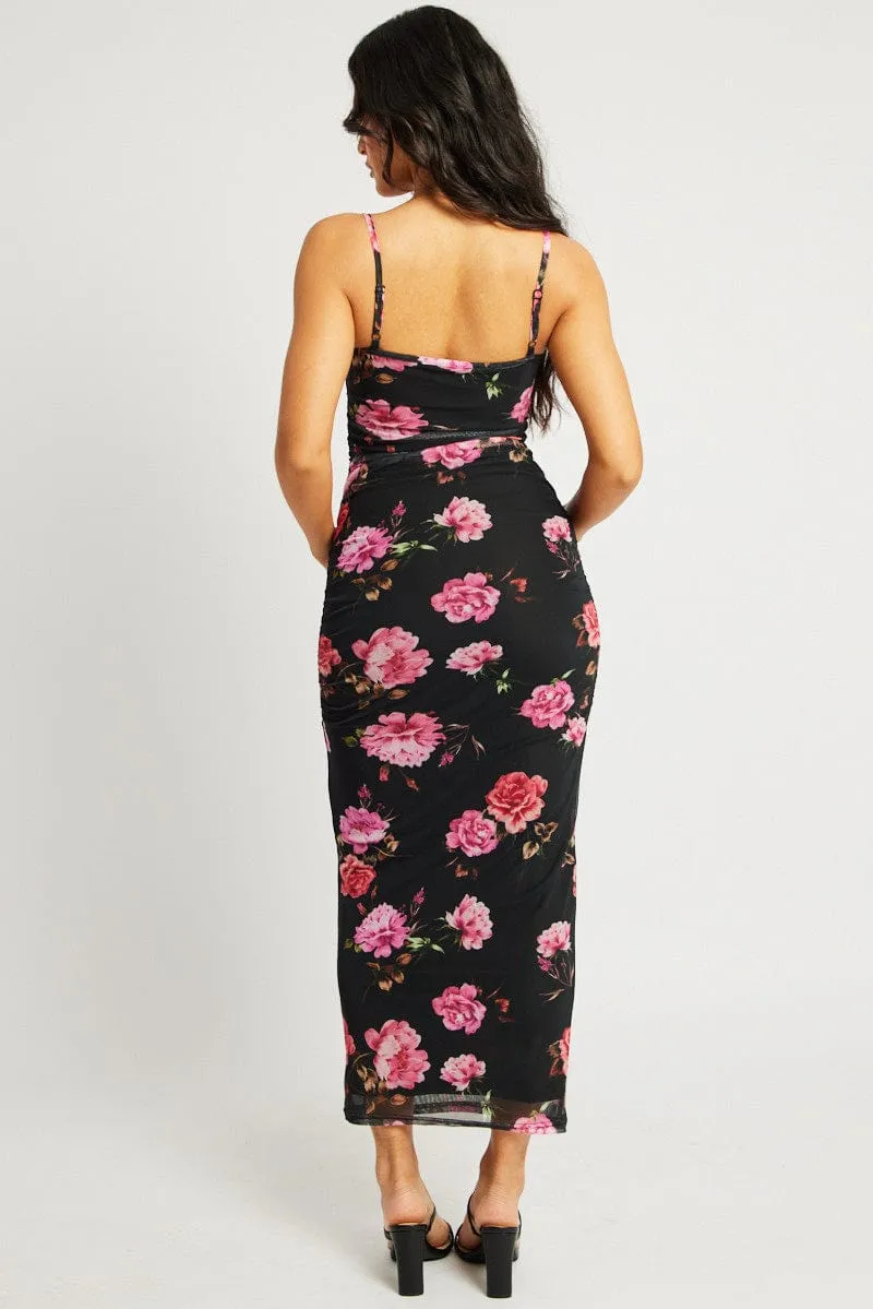 Black Floral Bodycon Dress Singlet Maxi Easy Cool