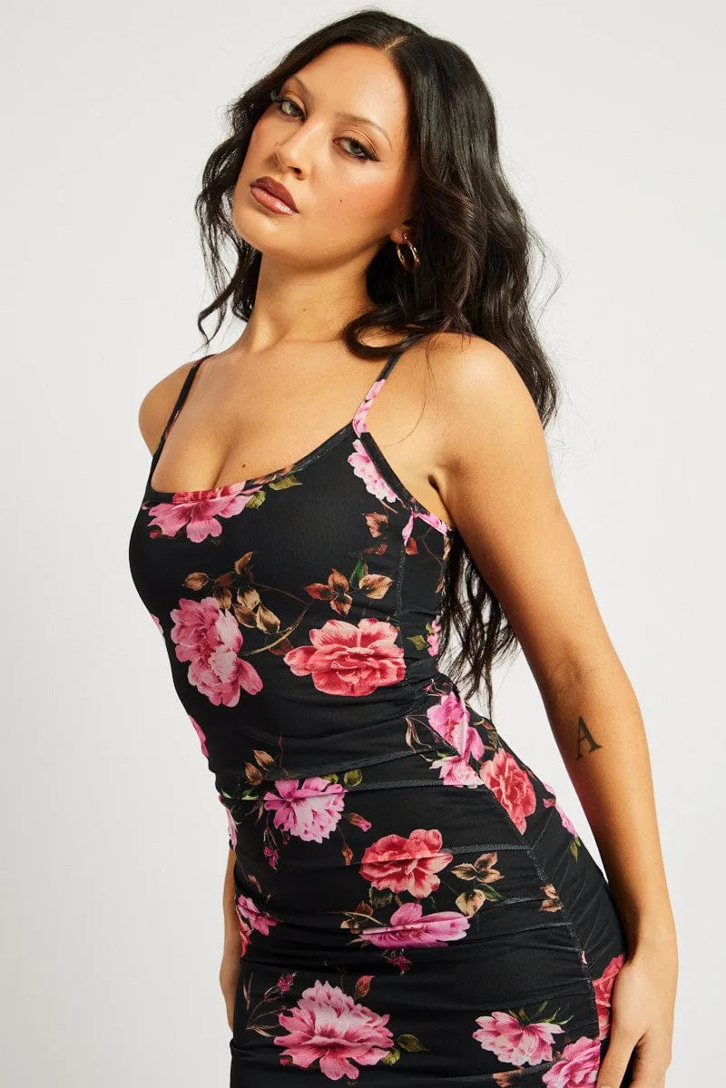 Black Floral Bodycon Dress Singlet Maxi Heroine Glow