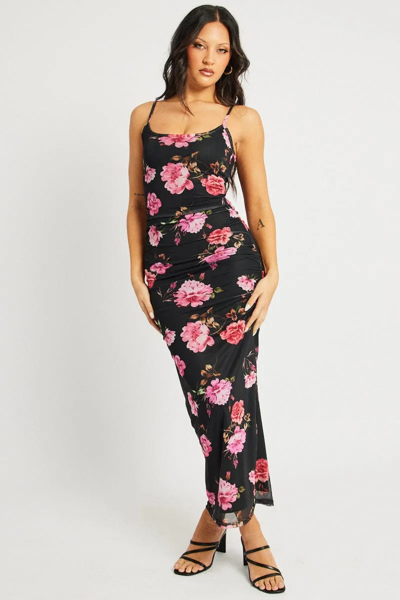 London Edge Black Floral Bodycon Dress Singlet Maxi