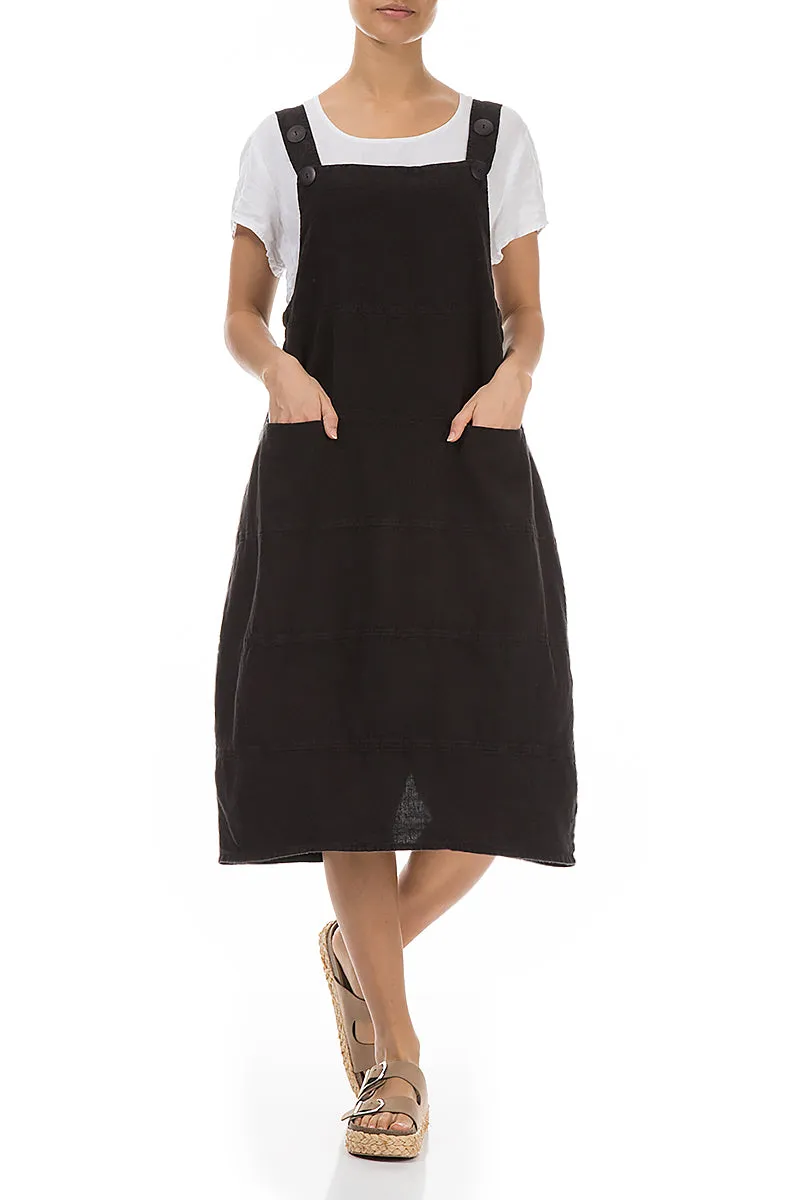 Casual Style Black Linen Dungaree Dress