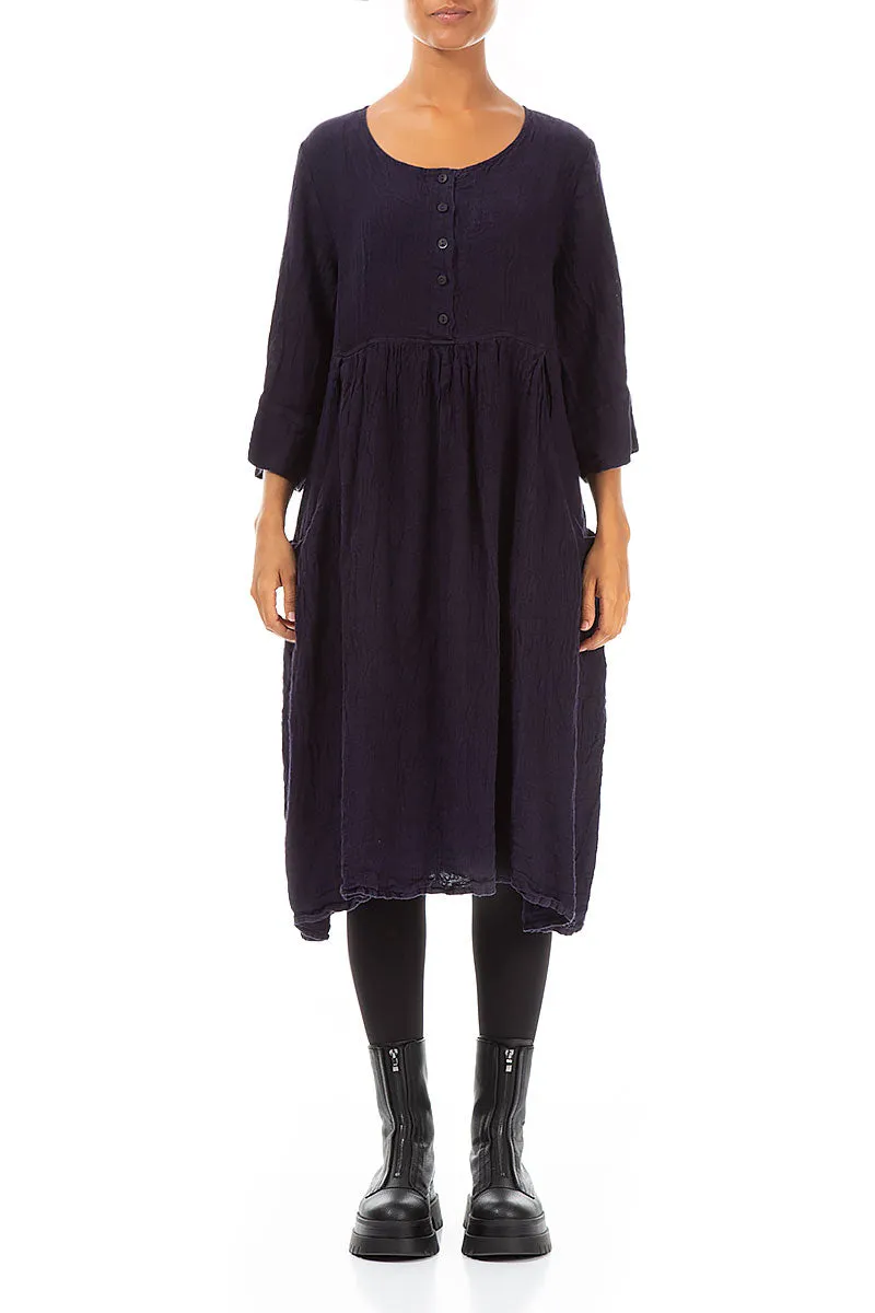 Flared Buttons Royal Purple M??lange Linen Dress Comfort Fit Unique Cut
