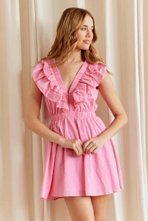 CANDY PINK Fit And Flare Dress Sleeveless Deep V Frill Mini Casual Shoes Layered Look