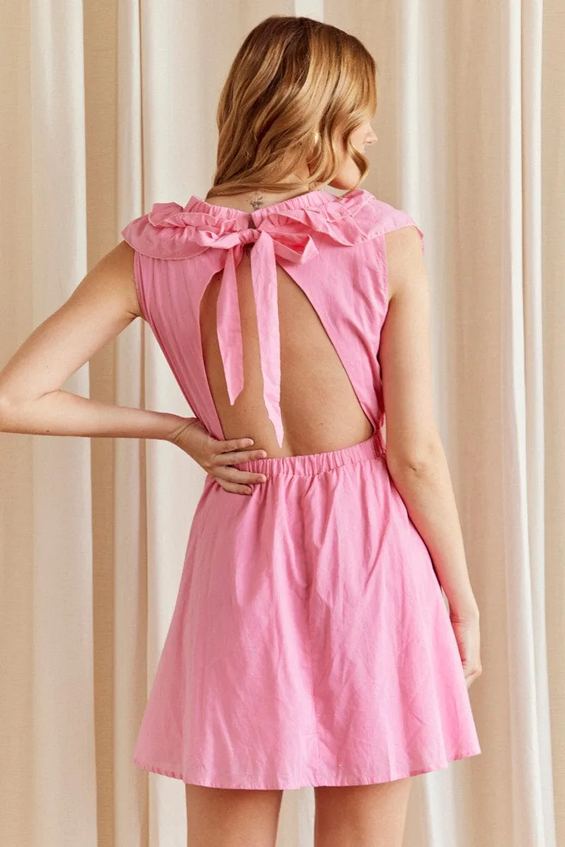 CANDY PINK Fit And Flare Dress Sleeveless Deep V Frill Mini WrinkleFreeTexture OrganicCotton