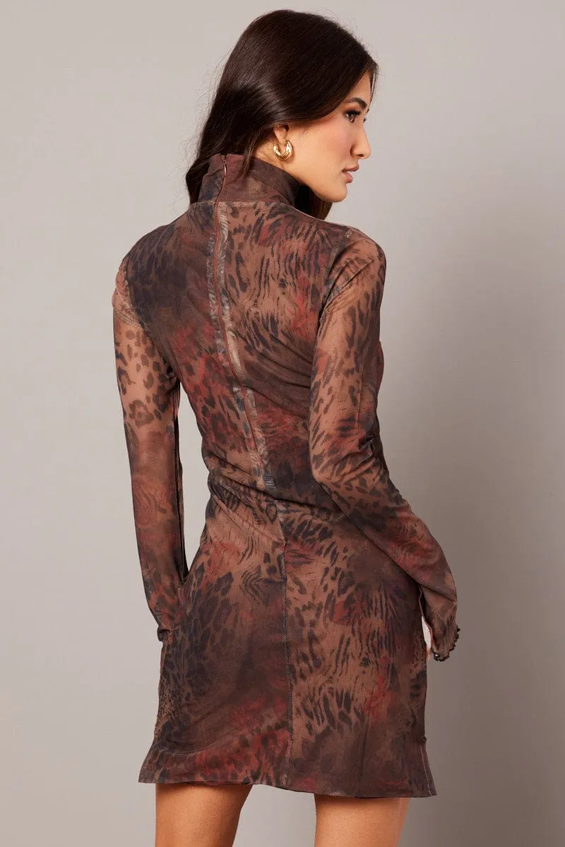 Brown Abstract Bodycon Dress High Neck Mini Long Sleeve Summer Ready
