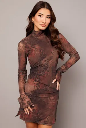 Brown Abstract Bodycon Dress High Neck Mini Long Sleeve Cozy Fit Trendy Cut