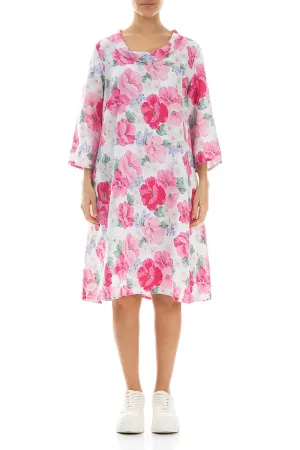 Cropped Sleeves Cowl Neck Peony Blossom Linen Dress HypoallergenicFabric