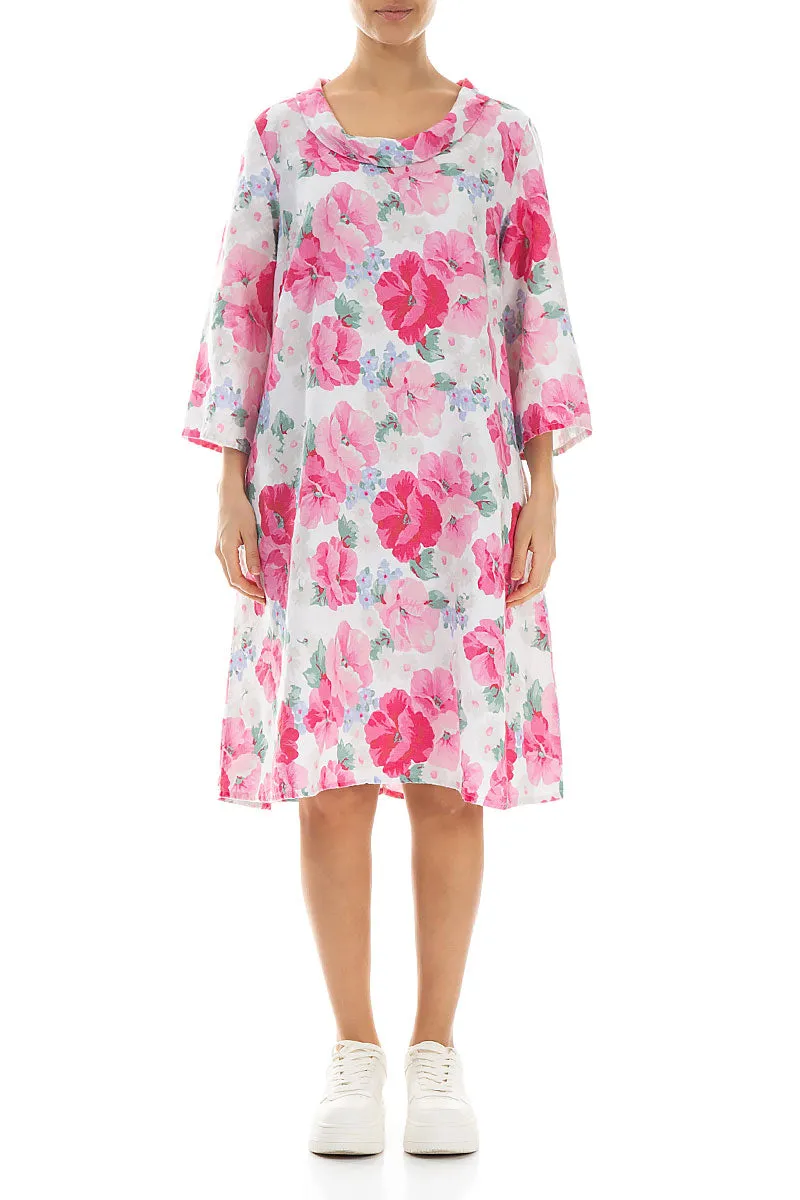 Cropped Sleeves Cowl Neck Peony Blossom Linen Dress HypoallergenicFabric