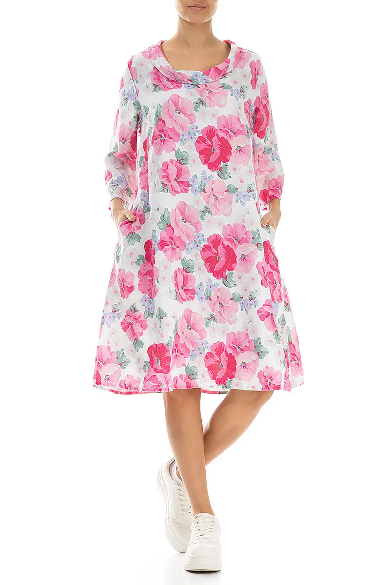Warm Fashion Elite Vibe Cropped Sleeves Cowl Neck Peony Blossom Linen Dress